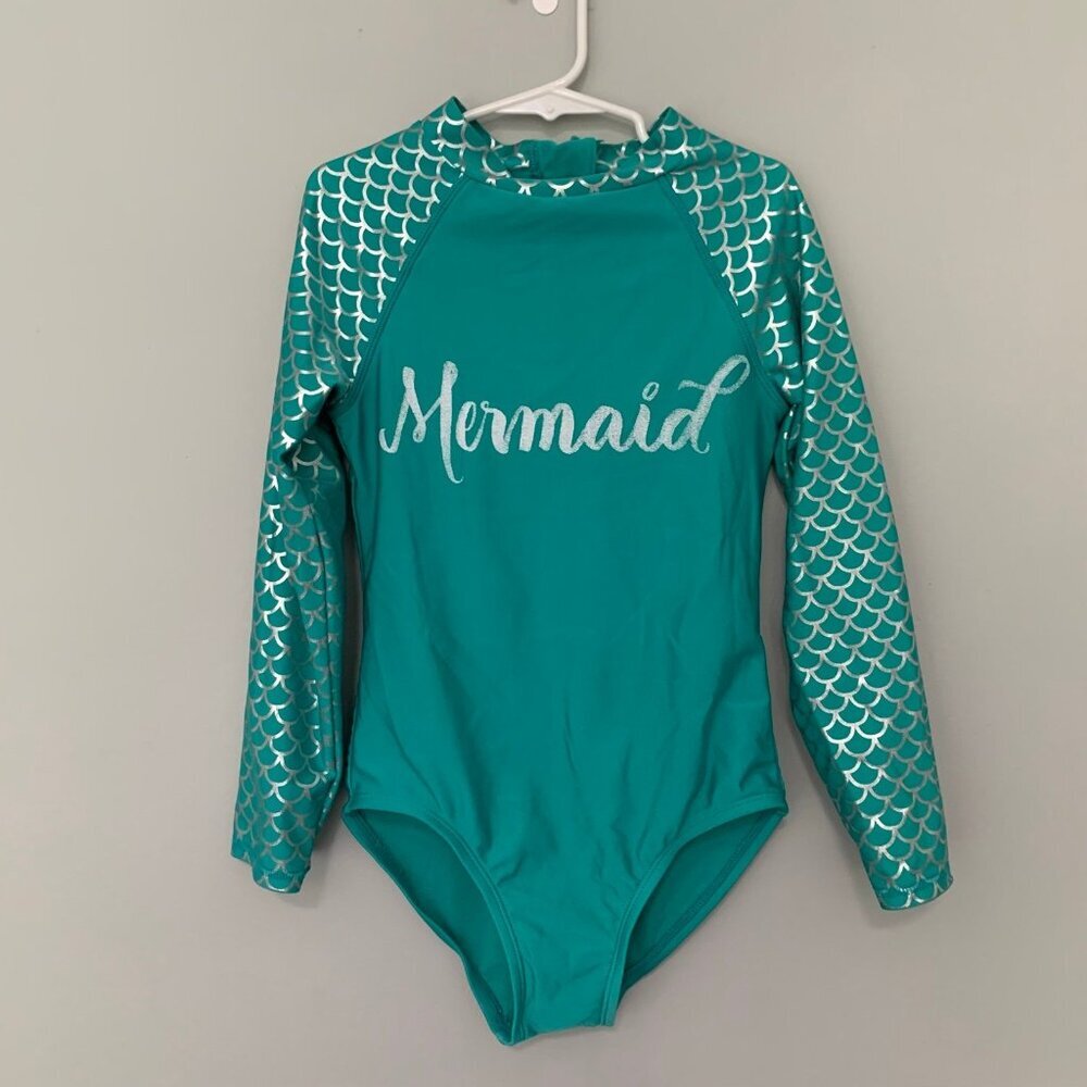 5/$25 Cat &‎ Jack Girls Teal Mermaid Long Sleeve One Piece Swimsuit Size M Plus